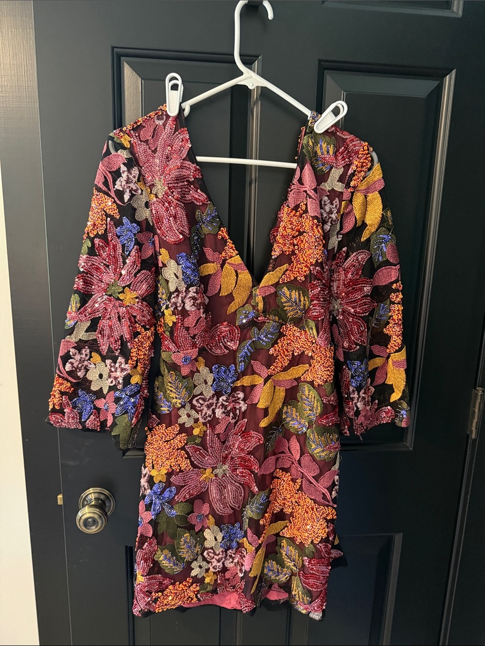 Anthropologie Black Mini Dress with Pink, Yellow & Blue Floral Embroidery
